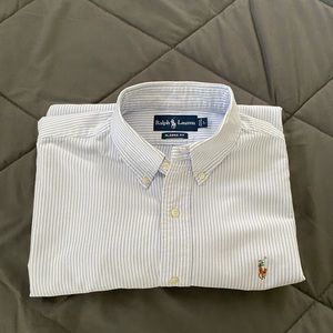 Men’s large blue & white stripped button down Polo